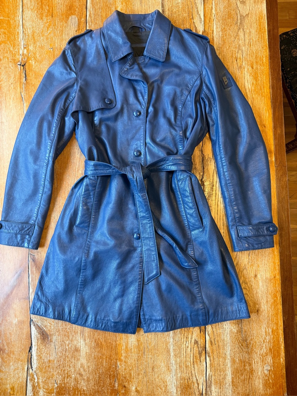 Women's Navy Blue Leather Trench Coat - Classic Belted Design